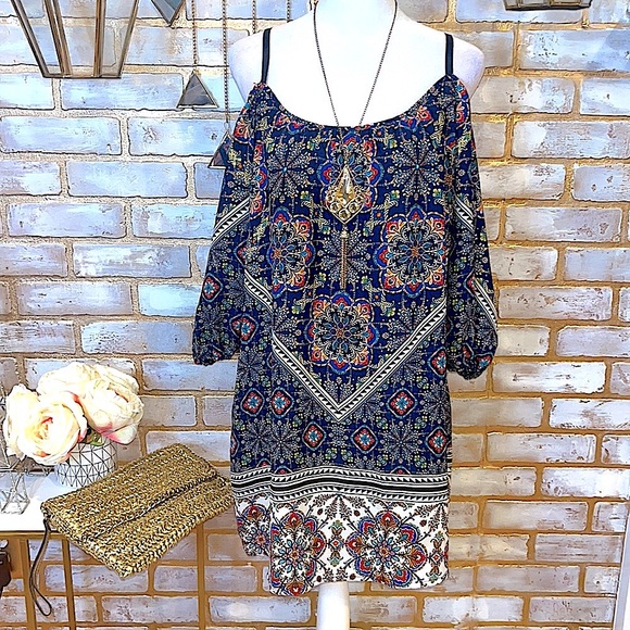 Bailey Blue Boho Print Cold Shoulder Sheath Dress, Women’s Size Small. - Picture 2 of 15